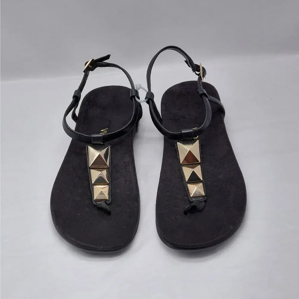 Vionic Womens Thong Sandals Size 9 Black Gold Studded T Strap Comfort Shoes